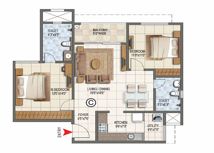 Prestige Eaton Park 2 BHK Floor Plan