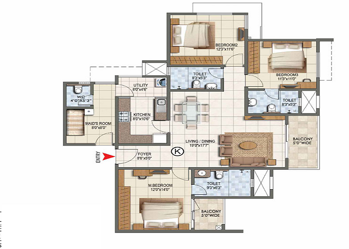 Prestige Eaton Park 3 BHK Floor Plan